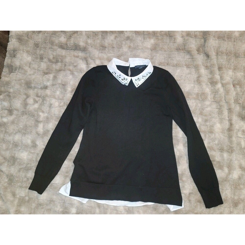 Y2k Tommy Hilfiger Black Twofer Sweater Womens Size XS White Rhinestone Collar